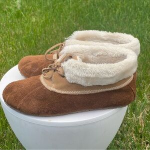 Sperry Elayna Slippers Womens 8 Brown Leather Suede Faux Fur Lined Comfort Warm
